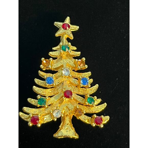 VTG Eisenberg Ice Christmas Tree Brooch Gold Tone Rhinestones Holidays - Picture 1 of 7